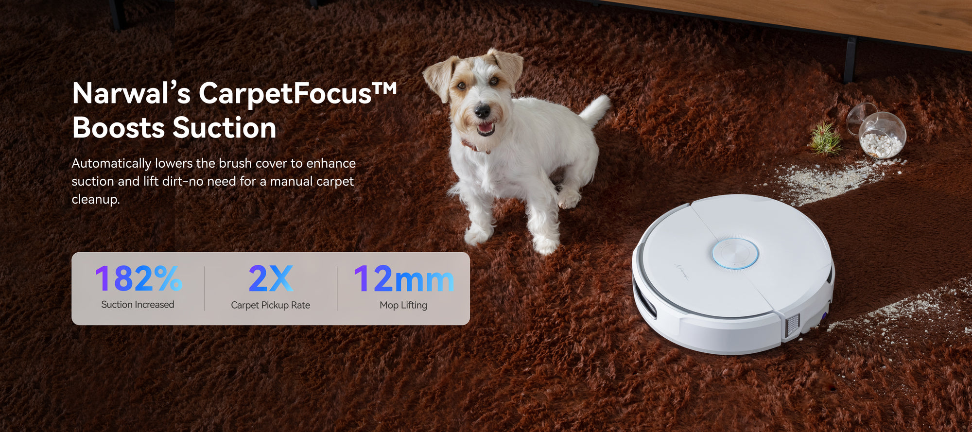 Narwal Flow robot vacuum and mop boosting suction on carpet with CarpetFocus technology beside a small dog.