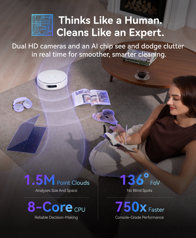 Woman using a smartphone with Narwal Flow robot vacuum cleaner on a wooden floor, featuring text about its cleaning capabilities.