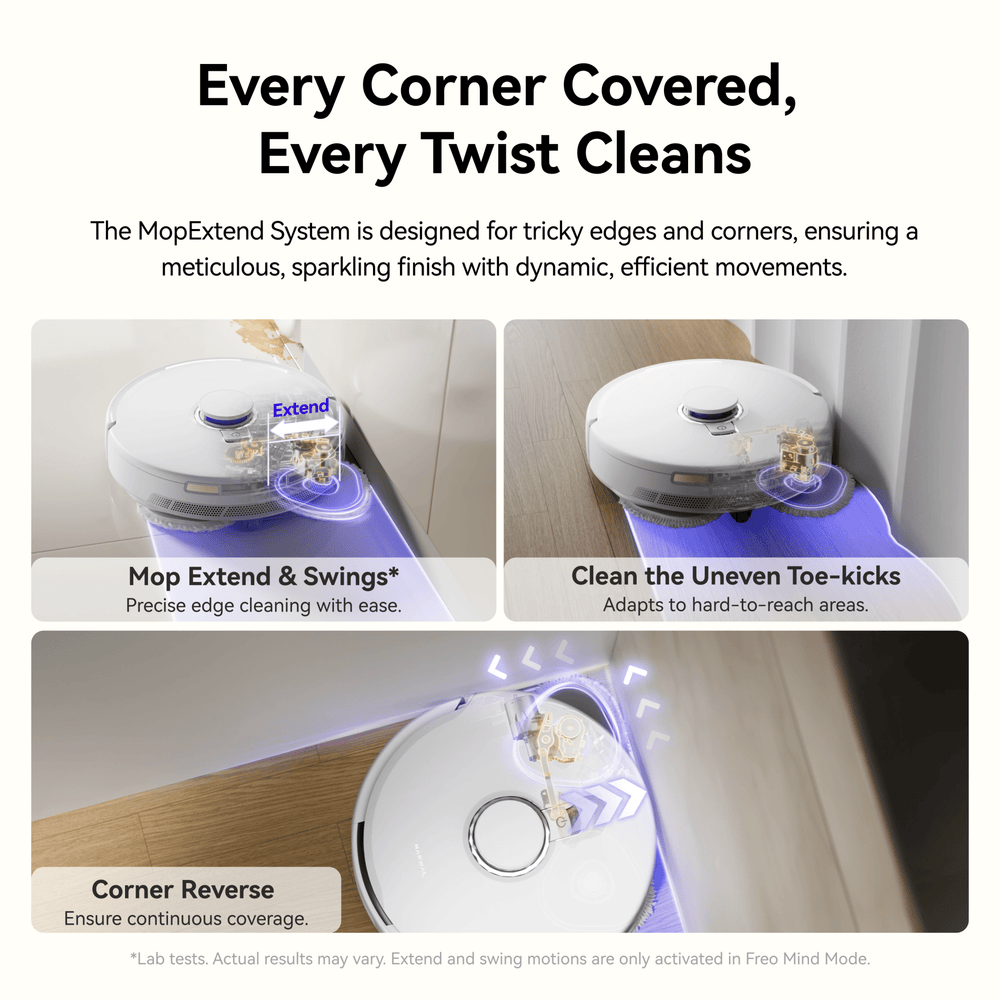 Narwal Freo X10 Pro robot vacuum and mop cleaning corners and edges with auto-extending mop system.