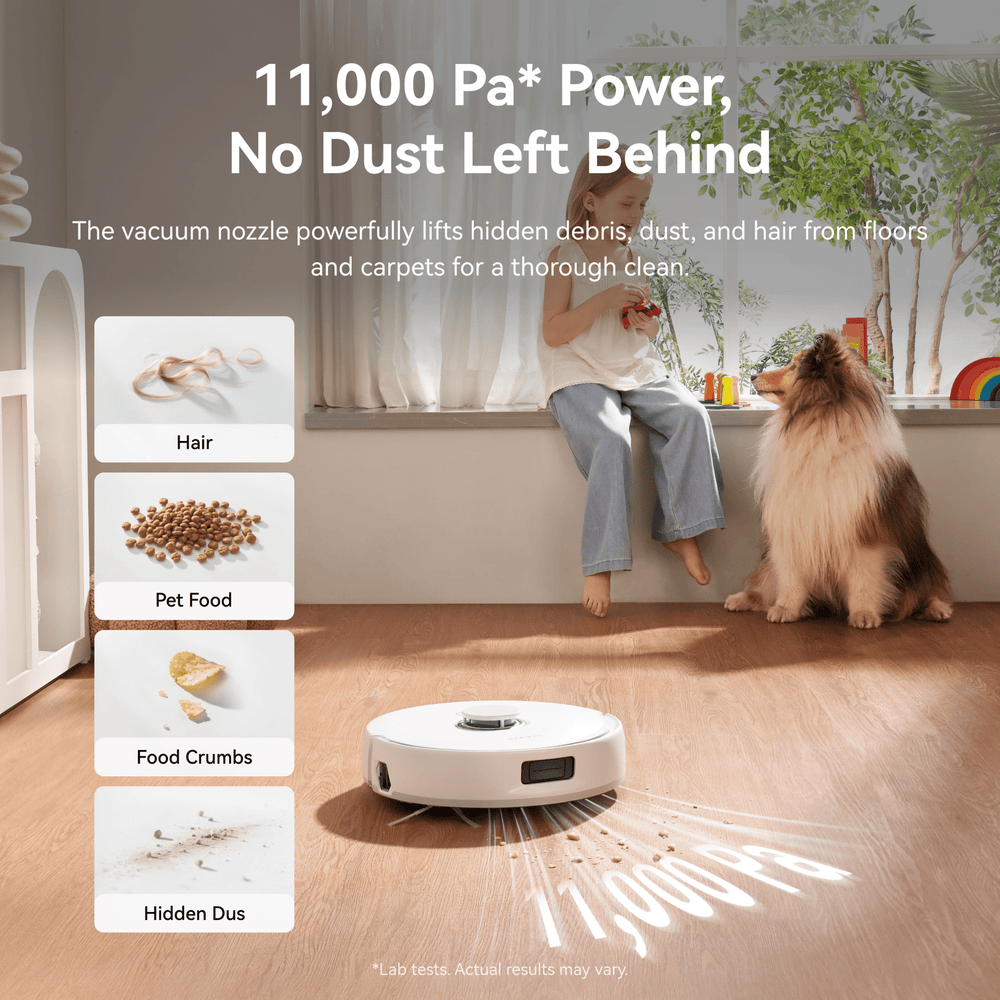 Narwal Freo X10 Pro robot vacuum and mop using 11,000Pa suction to lift debris and leave no dust behind.