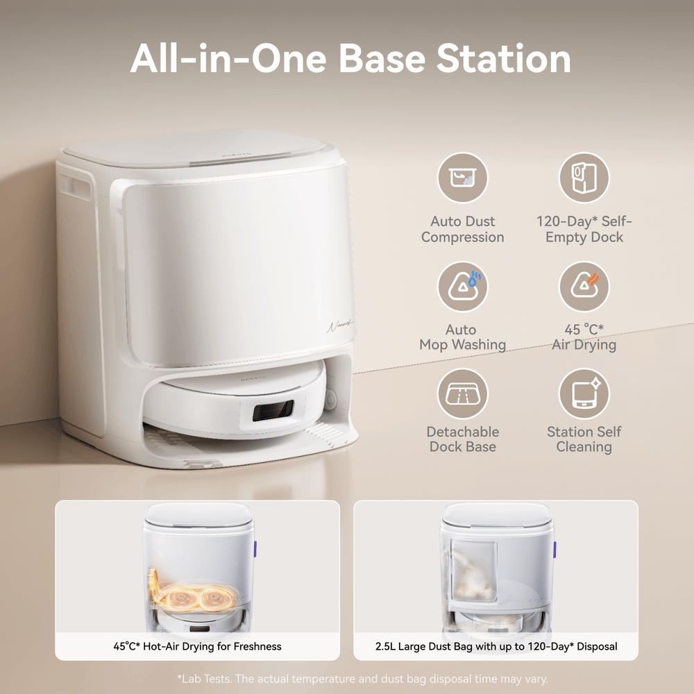 Narwal Freo X10 Pro robot vacuum and mop all-in-one base station showing drying, washing, and auto cleaning features.