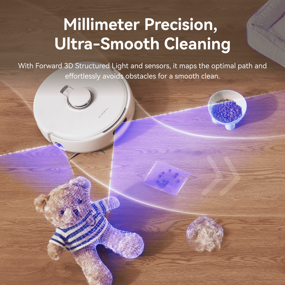 Narwal Freo X10 Pro robot vacuum and mop detecting obstacles with millimeter-level precision for smooth cleaning.