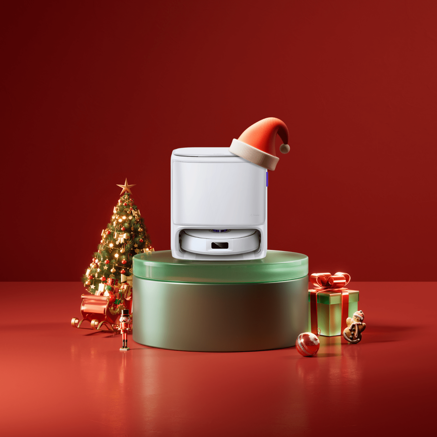 Holiday display of Narwal Freo X10 Pro robot vacuum and mop on festive pedestal with Christmas ornaments.