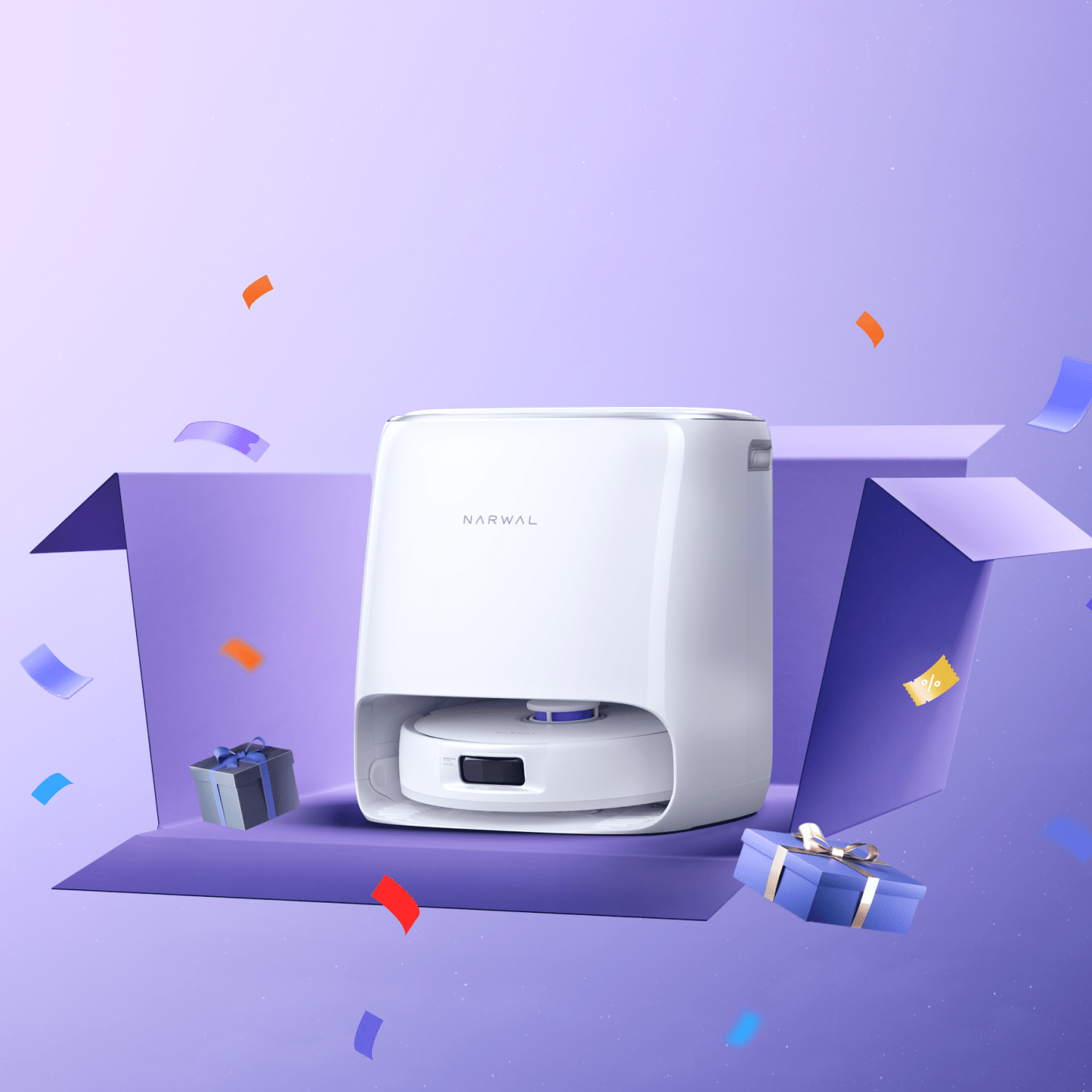 Narwal Freo X Ultra robot vacuum displayed on a purple background with floating confetti.
