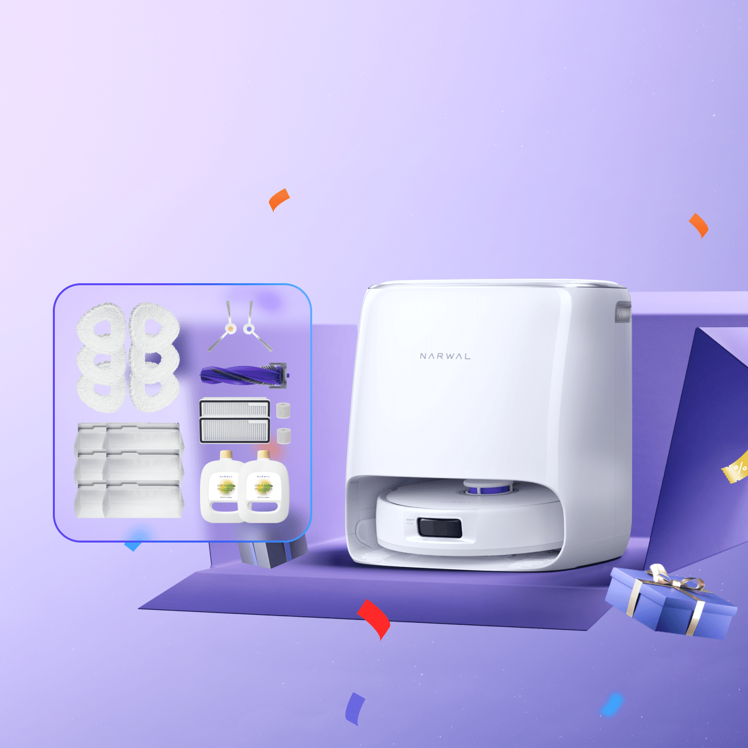 Narwal Freo X Ultra robot vacuum and base station showcased on purple background with confetti.
