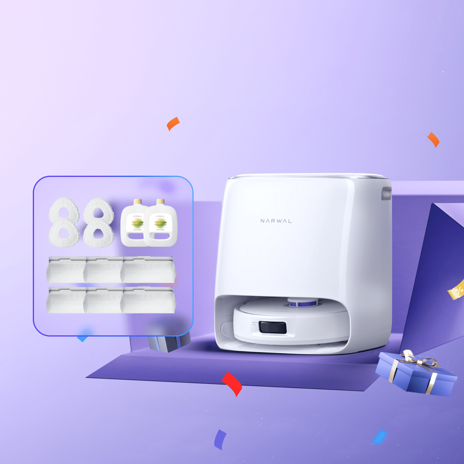 Narwal Freo X Ultra robot vacuum with accessory set on purple background.