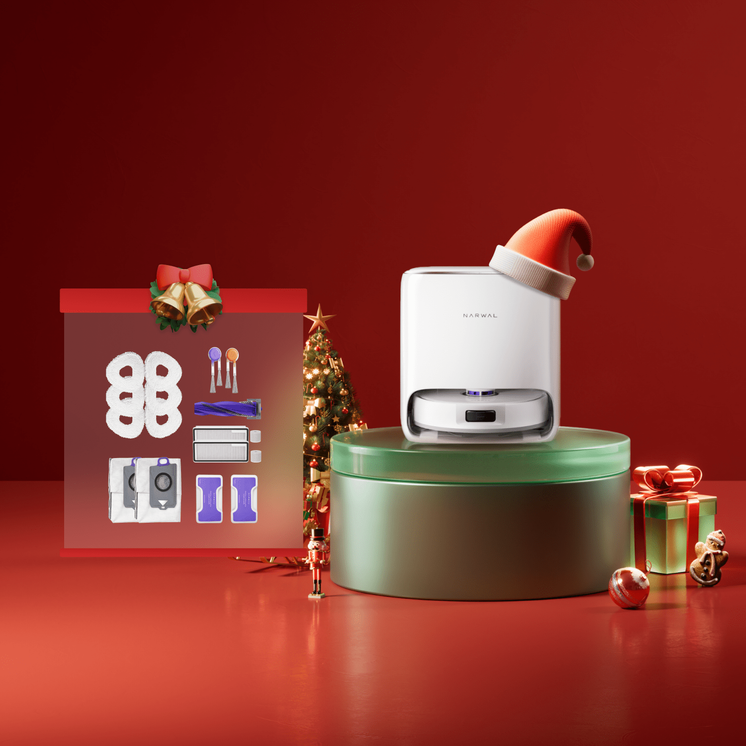 Narwal Freo Pro robot vacuum and mop shown on festive red background with decorations in an alternate angle.