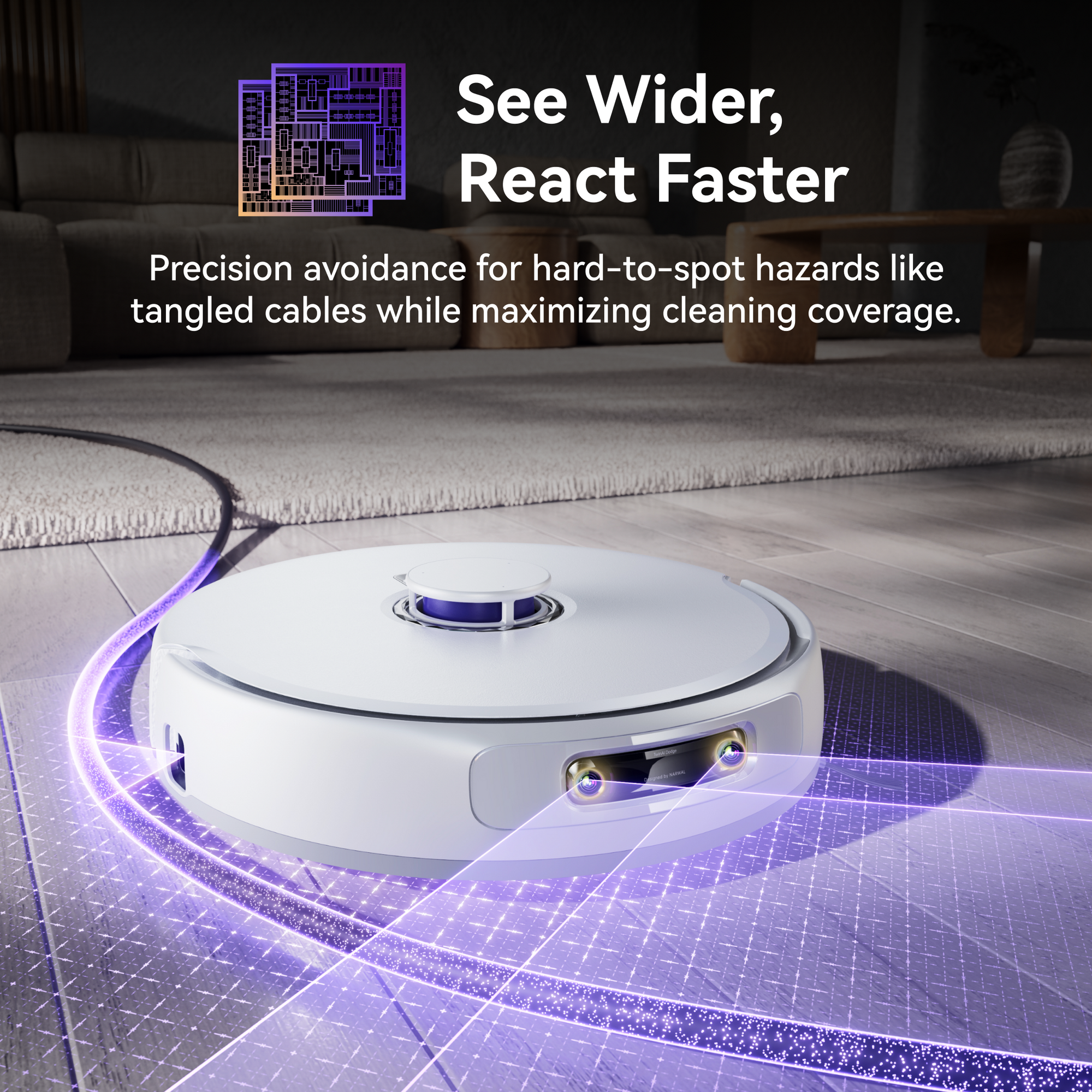 There is a white narwal freo z ultra robot vacuum emitting purple light with words"see wider, react faster".