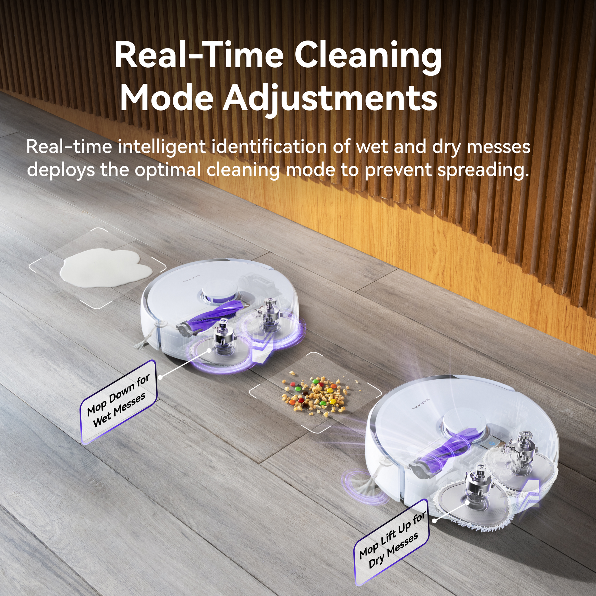 Image showcasing the Narwal Freo Z Ultra robot vacuum's real-time cleaning mode adjustments, intelligently detecting wet and dry messes to deploy optimal cleaning modes, with features like mopping down for wet spills and lifting for dry debris.
