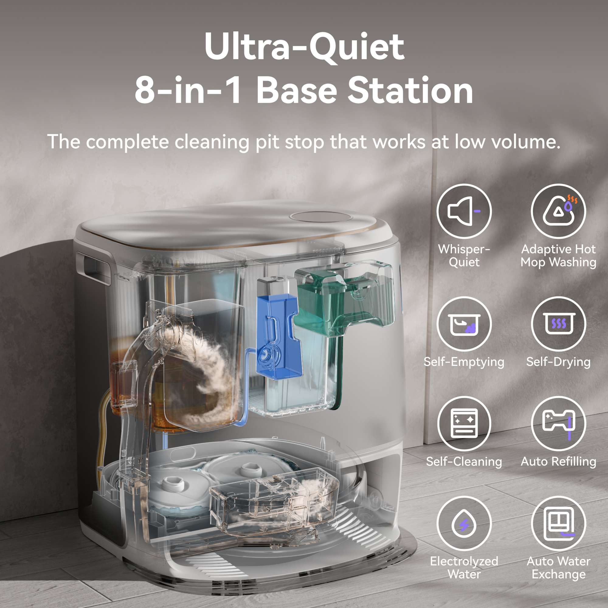 Image highlighting the Narwal Freo Z Ultra robot vacuum's ultra-quiet 8-in-1 base station, featuring self-emptying, self-drying, self-cleaning, auto-refilling, adaptive hot mop washing, and auto water exchange for efficient and low-volume cleaning.