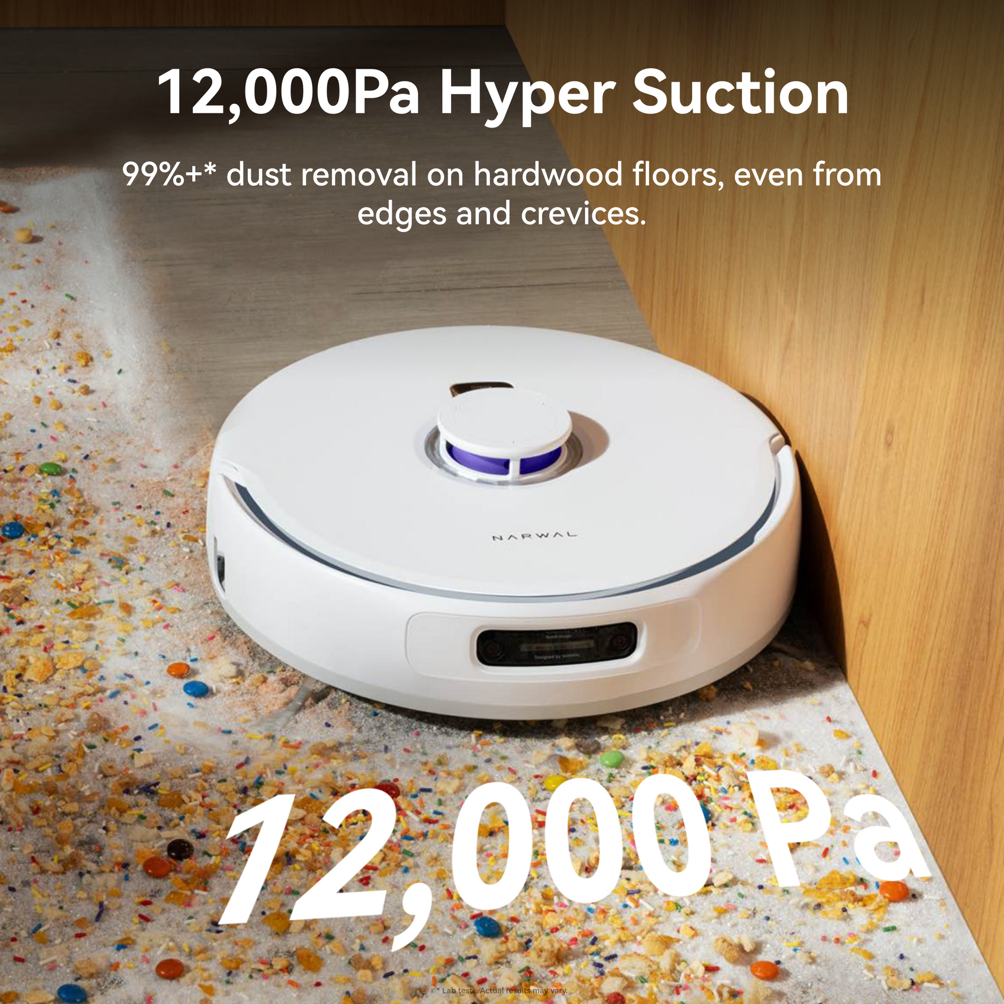 Image of the Narwal Freo Z Ultra robot vacuum demonstrating its 12,000Pa hyper suction for 99%+ dust removal on hardwood floors, even from edges and crevices.
