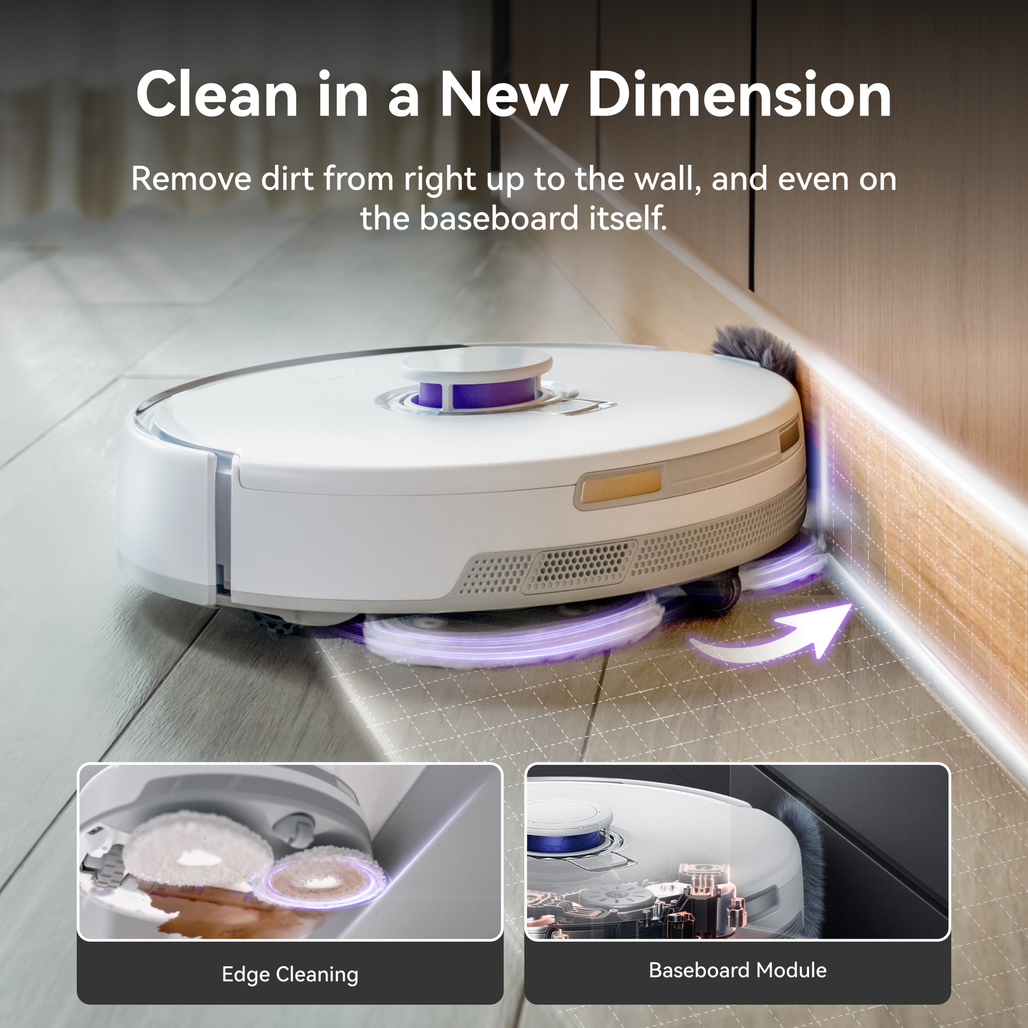 Image of the Narwal Freo Z Ultra robot vacuum showcasing its edge cleaning and baseboard module, designed to remove dirt right up to the wall and baseboard for thorough cleaning.