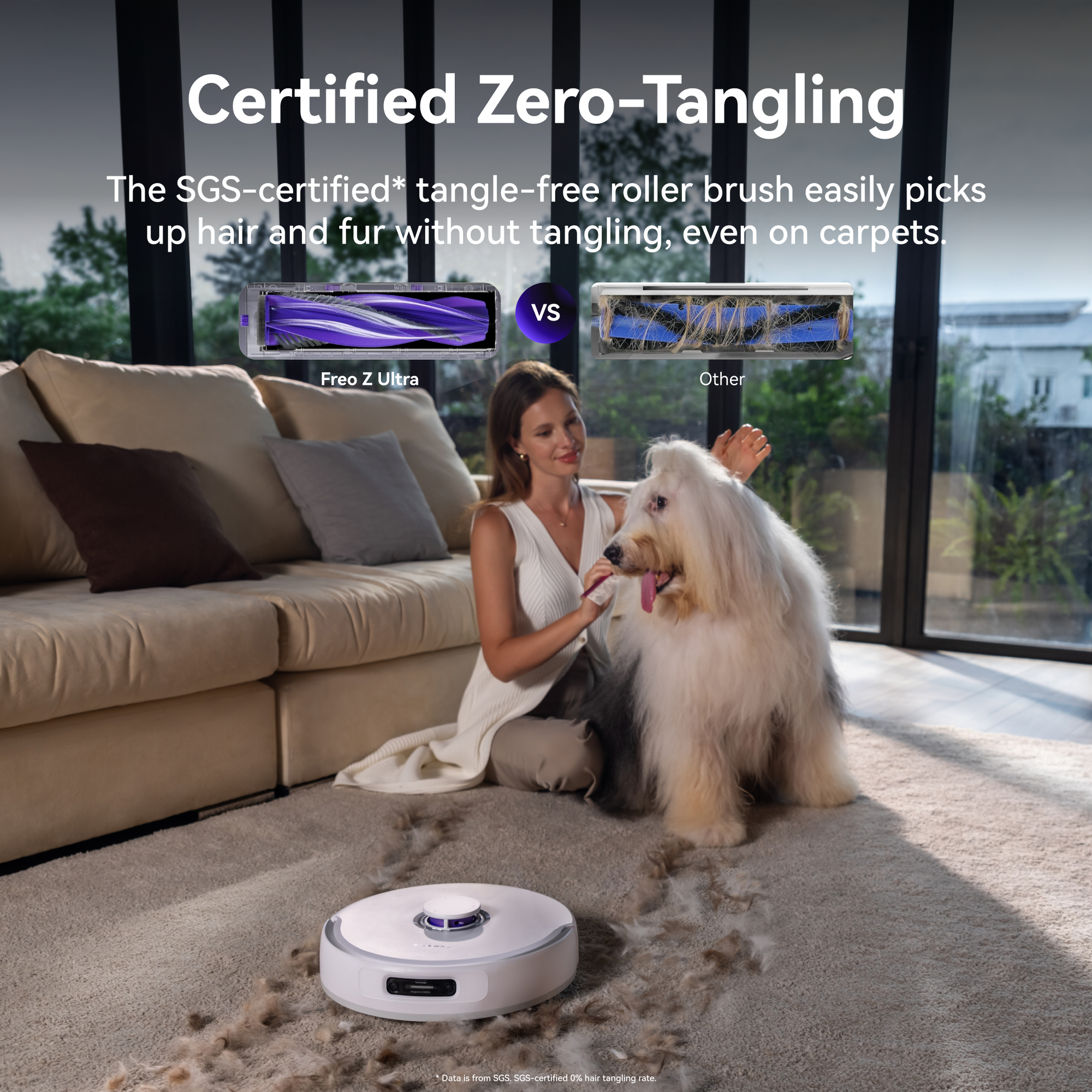 Image of the Narwal Freo Z Ultra robot vacuum with SGS-certified tangle-free roller brush, designed to pick up hair and fur without tangling, even on carpets, as compared to other models.