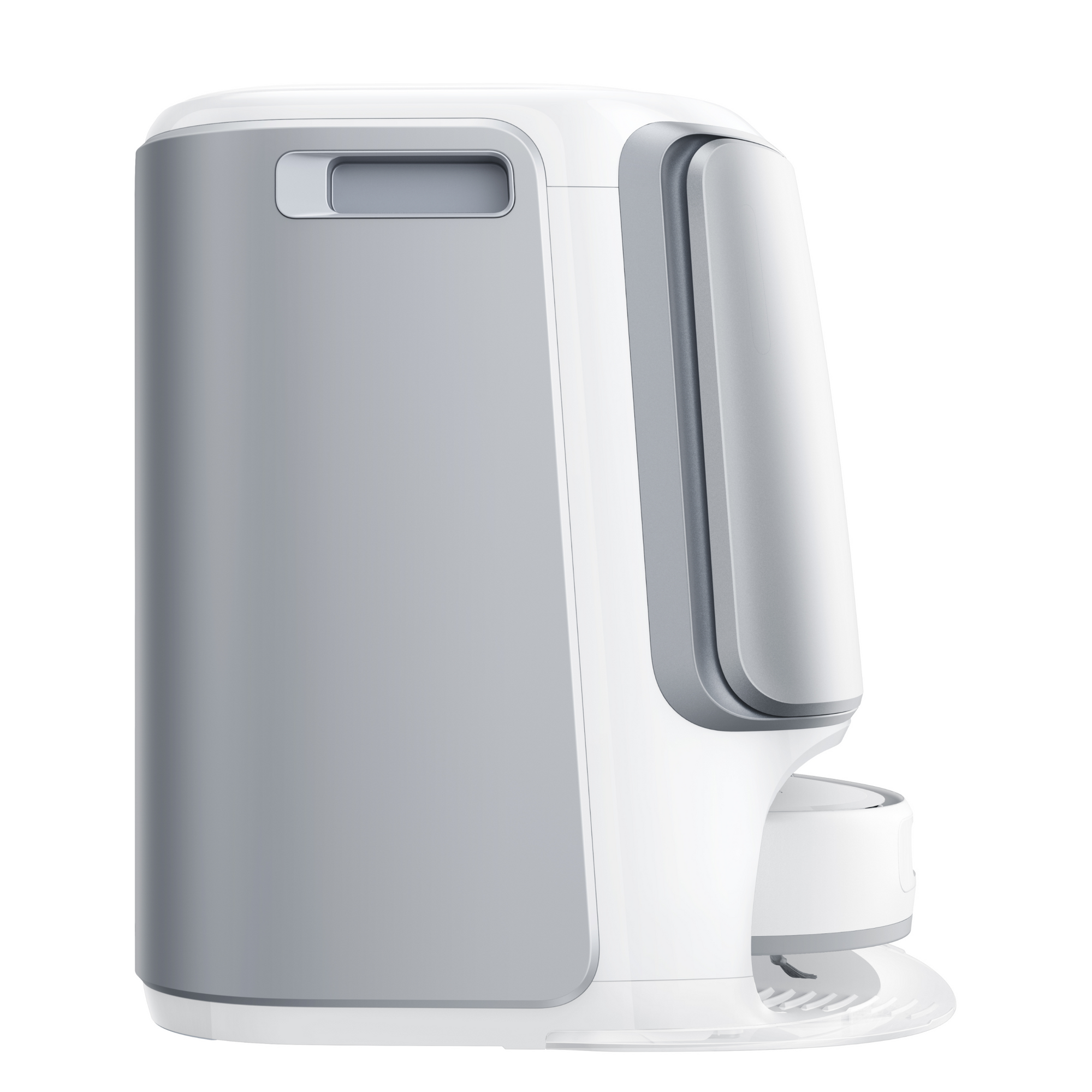 Side view of the Narwal Freo Z Ultra robot vacuum with a sleek and modern design, showcasing its clean lines and combination of white and grey colors.