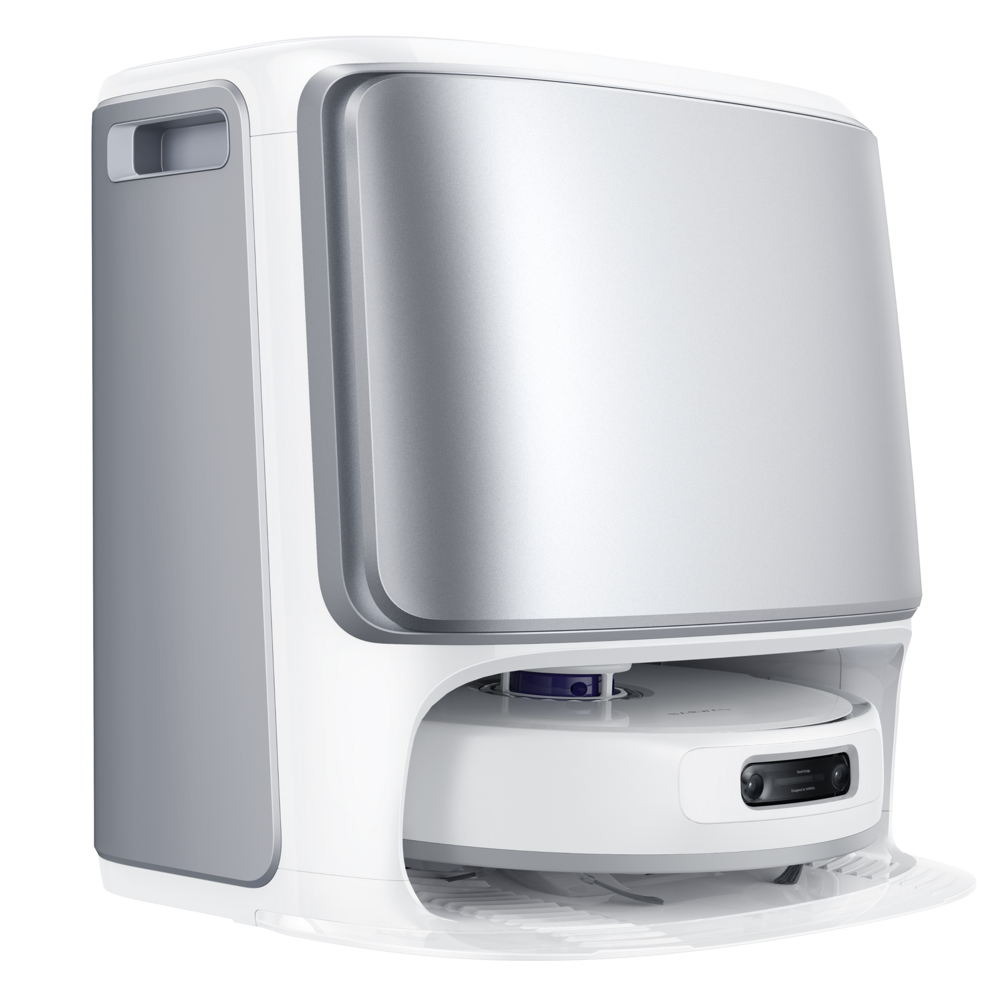 Side view of the Narwal Freo Z Ultra robot vacuum with a sleek silver and white design, showing the base station and its modern, functional appearance.