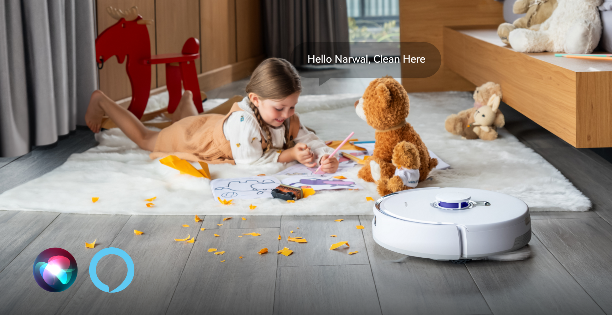 Narwal robot vacuum cleaning while a child plays on the floor.