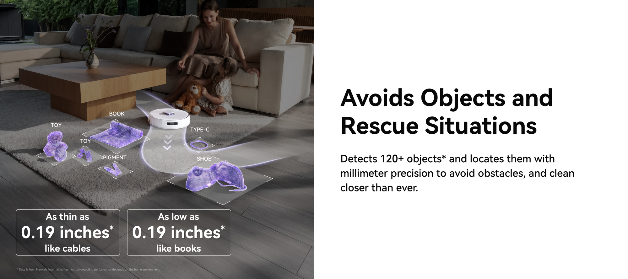 Narwal Freo Z Ultra detecting and avoiding various small objects, including toys, books, and cables, with millimeter precision to ensure close cleaning and prevent rescue situations.