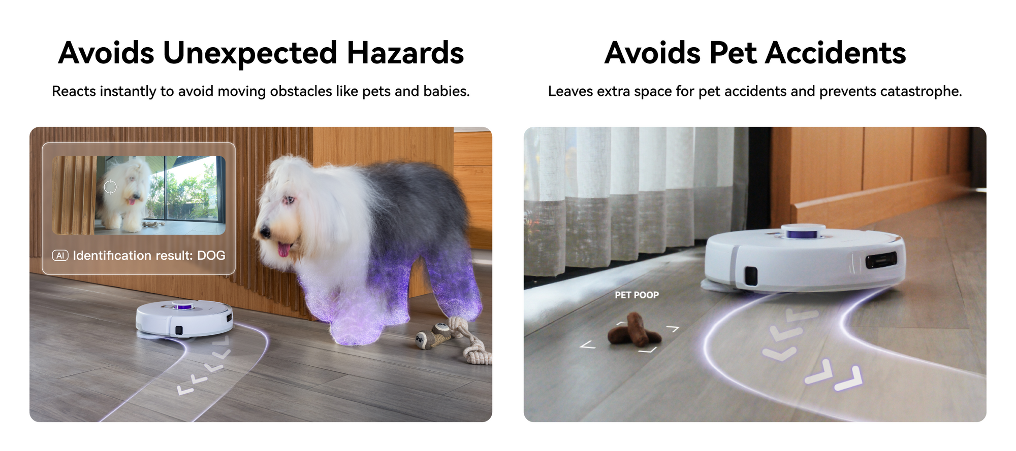 Narwal robot vacuum avoiding pets and pet accidents, with AI obstacle recognition.