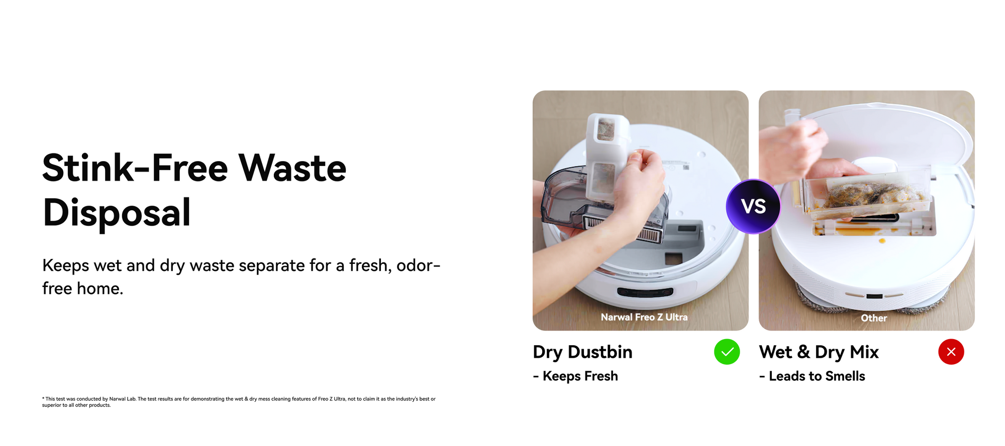 Comparison of waste disposal systems: The left side shows the Narwal Freo Z Ultra with separate dry dustbin to keep waste fresh and odor-free, while the right side shows another system where wet and dry waste mix, leading to unpleasant smells.