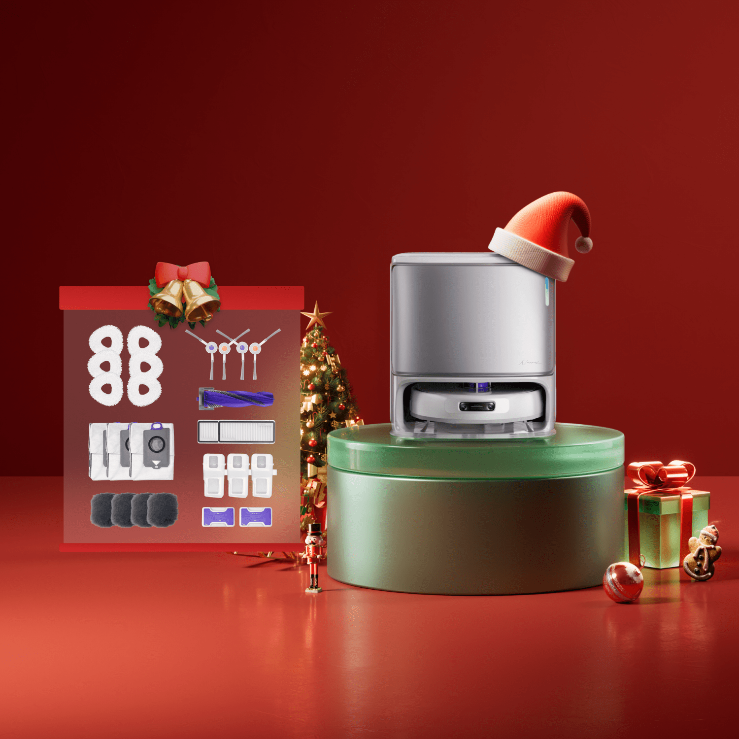Narwal Freo Z Ultra robot vacuum and mop displayed in holiday Christmas themed promotional layout with gifts.