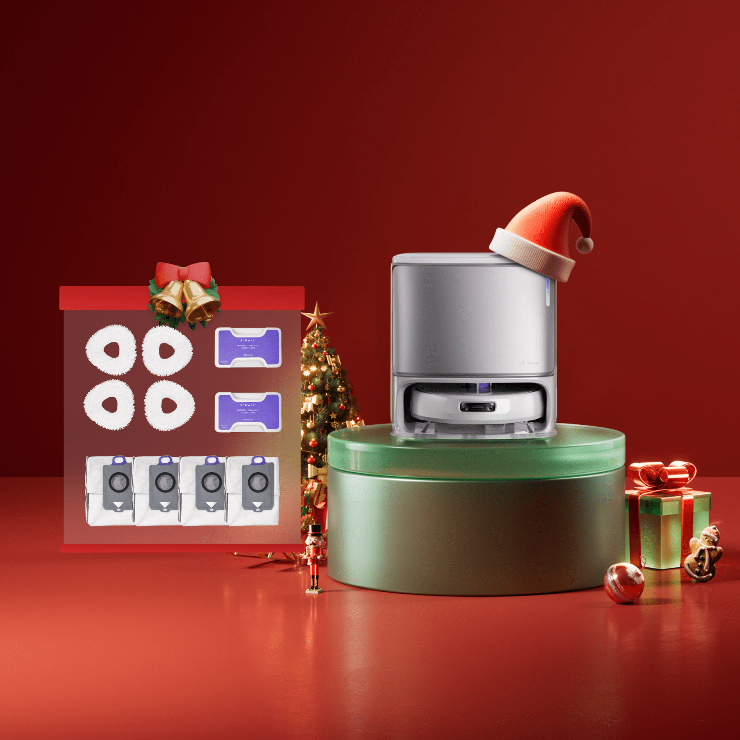 Narwal Freo Z Ultra robot vacuum and mop displayed in Christmas holiday red-themed promotional layout with gifts.