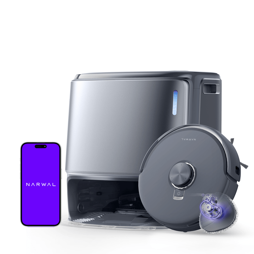 Narwal Freo Z10 Ultra robot and base station beside a phone illustration with Narwal branding
