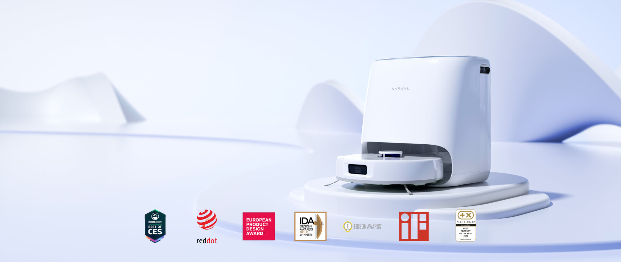 Narwal Freo X Ultra robot vacuum and mop, featuring multiple prestigious design awards, including Red Dot, CES Best, and Edison Awards.