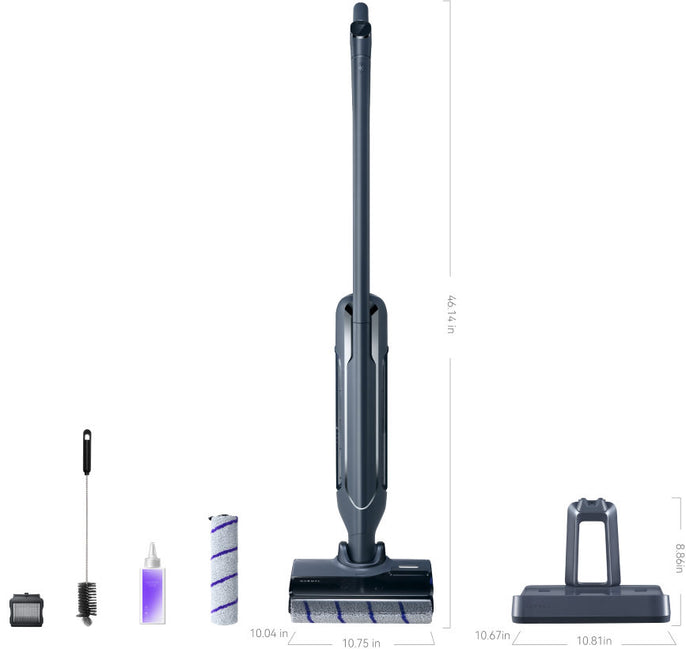 Narwal S20 Pro cordless vacuum mop with included accessories, such as replacement rollers, cleaning brush, and storage base, shown with product dimensions.
