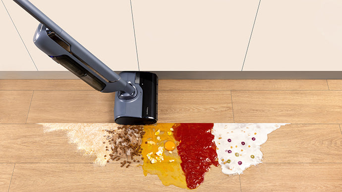 Narwal S20 Pro cordless vacuum mop cleaning various spills, including cereal, egg, sauce, and milk, demonstrating powerful wet and dry cleaning.