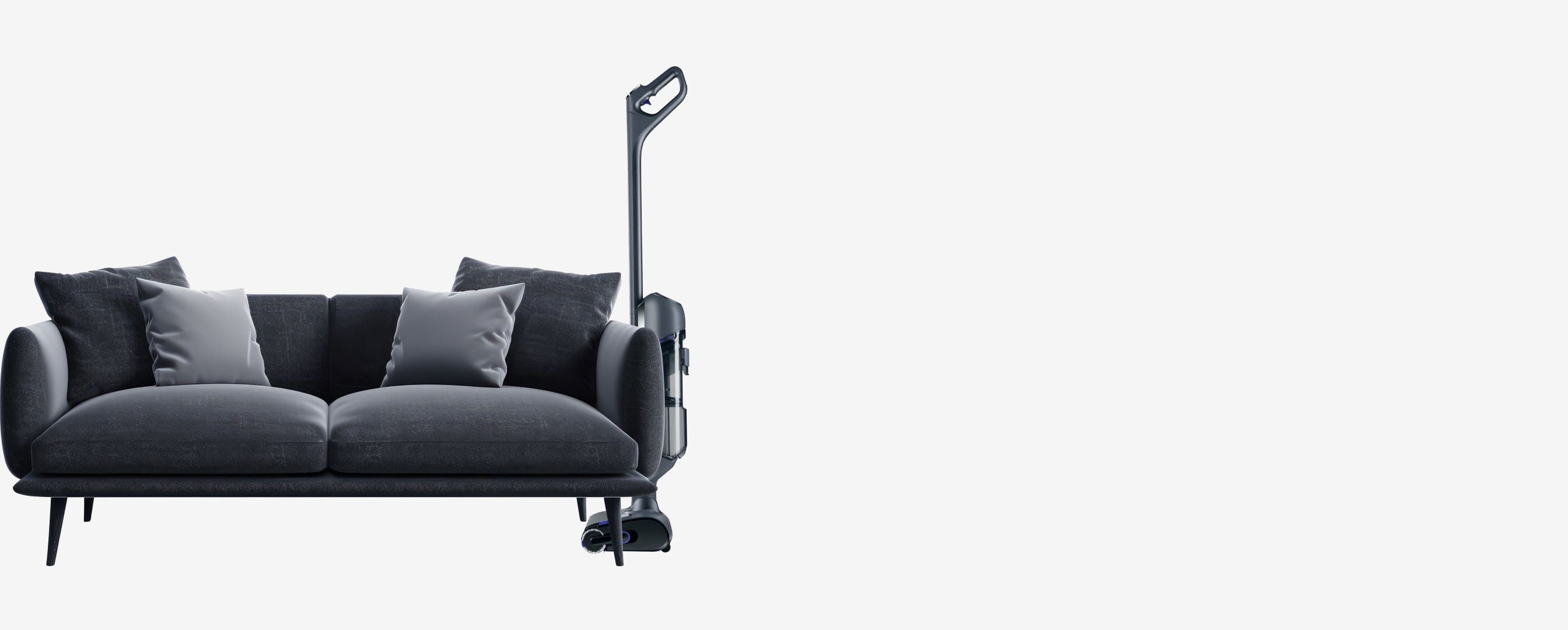 Narwal S20 Pro cordless vacuum mop placed next to a modern sofa, perfect for cleaning under furniture and around tight spaces.