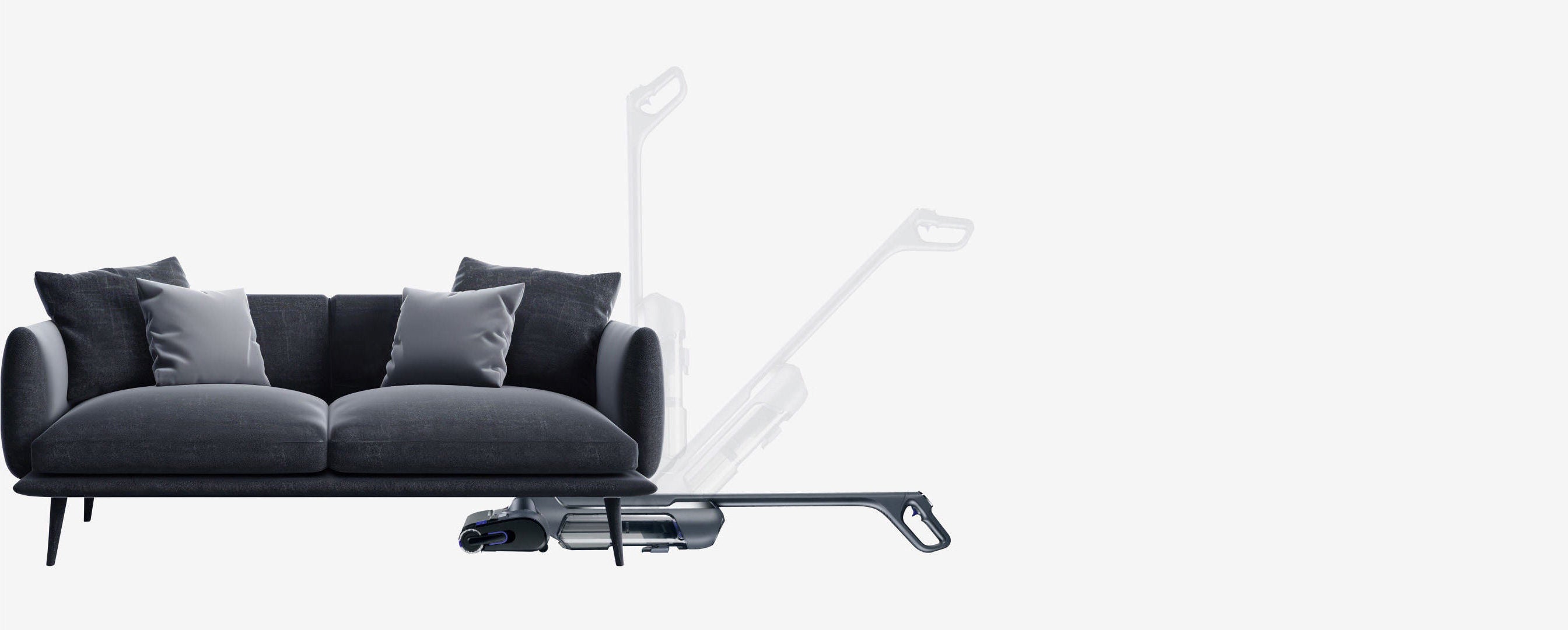 Narwal S20 Pro cordless vacuum mop easily maneuvering around a modern sofa, ideal for cleaning under furniture and tight spaces.