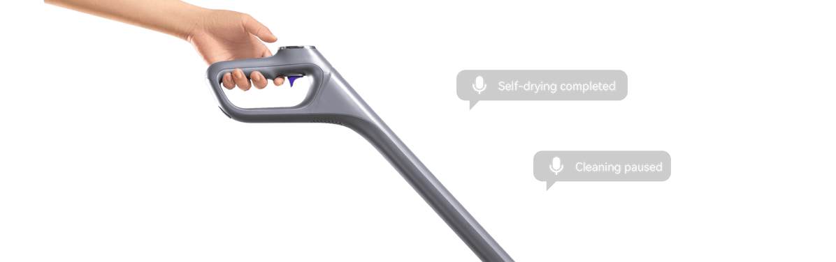 Narwal S20 Pro cordless vacuum mop handle with voice alerts for self-drying completion and cleaning pause.